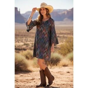 Rock 47 by Wrangler Western Dress Geometric Chevron Zigzag Batwing Sleeve Size M
